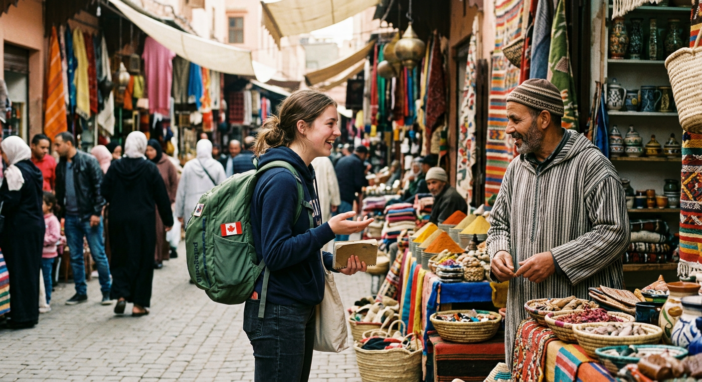 Canadian exchange student talking with a local vendor in a market abroad