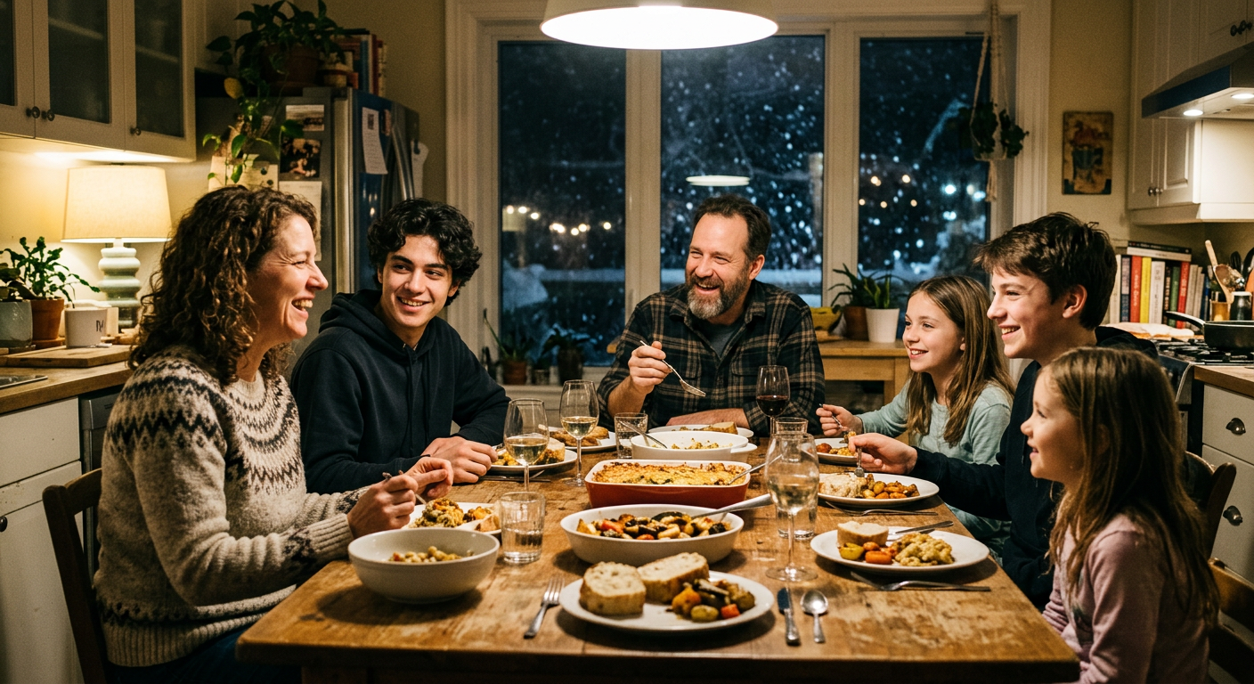 Canadian host family sharing dinner with an international exchange student